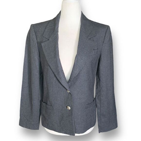 Vintage 80s Wool Pinstripe Blazer Jacket Dark Gray Oversized Structured Size 6 - Picture 12 of 12